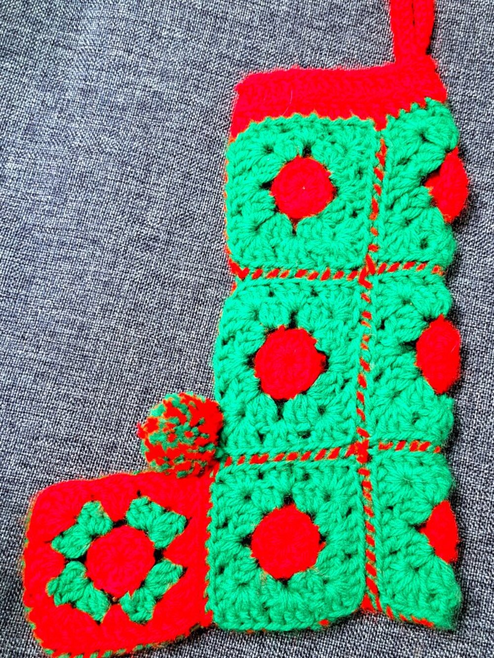 RED & GREEN CROCHET GRANNY SQUARES CHRISTMAS STOCKING HAND MADE